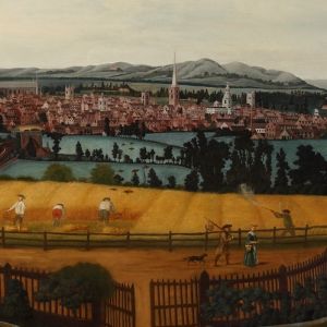 A landscape painting of Worcester from the East, showing agricultural workers and landowners.