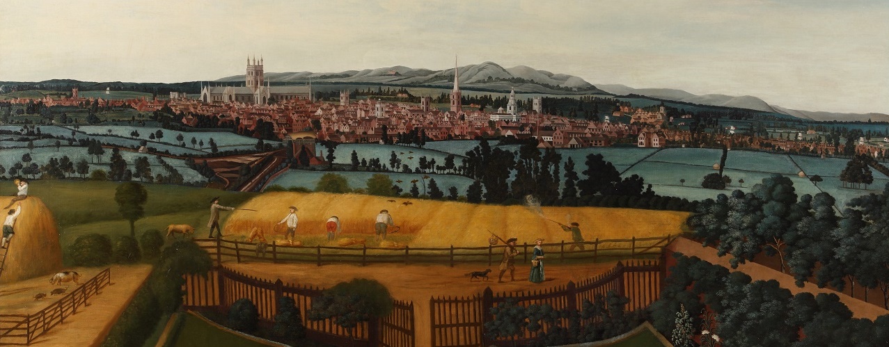 A landscape painting of Worcester from the East, showing agricultural workers and landowners.