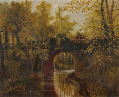 An oil painting of a canal bridge in amongst autumnal trees, with a lone figure leaning over the bridge looking at the reflections in the water.