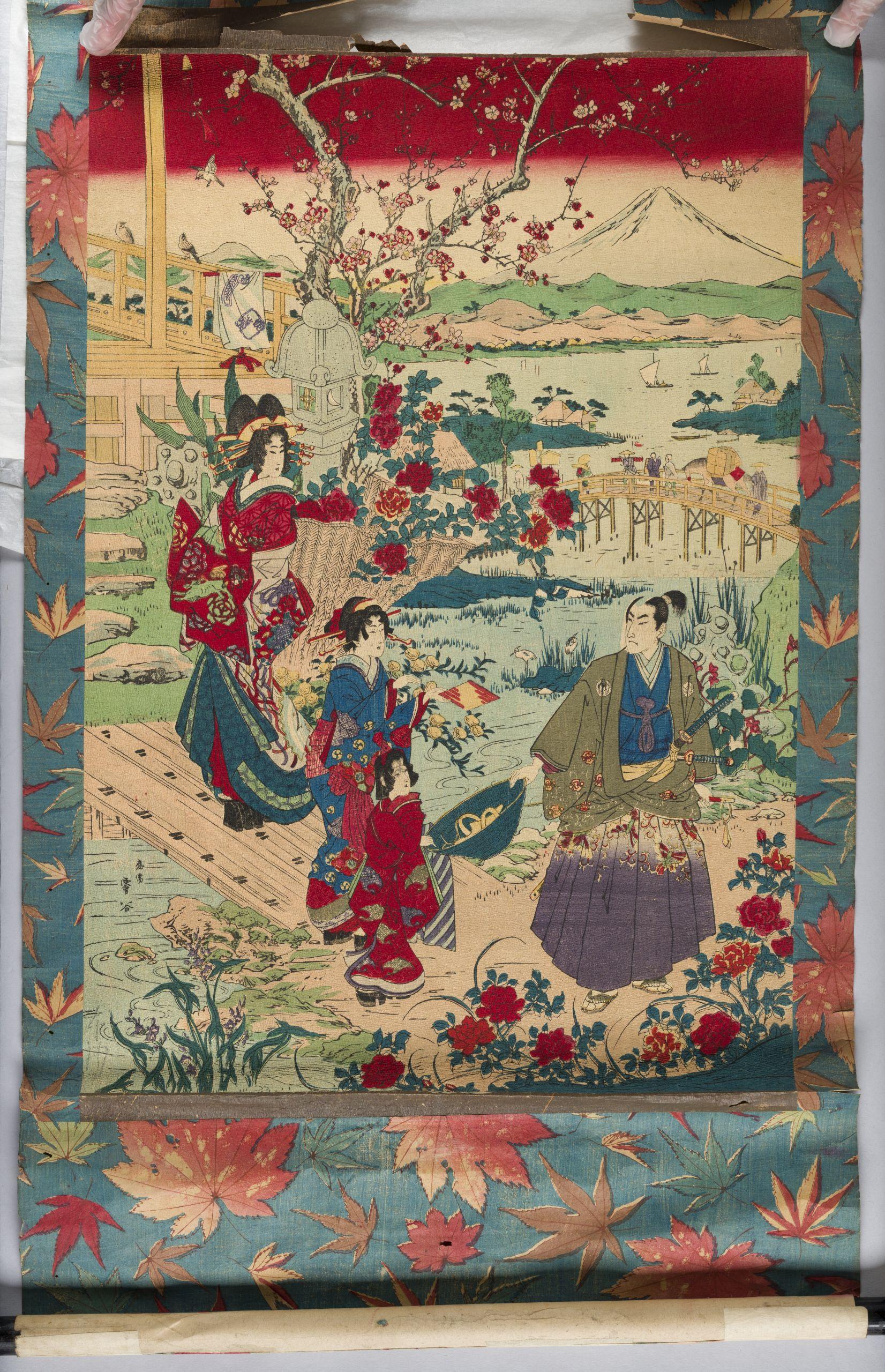 Untitled crepe-paper print on hanging scroll c1880