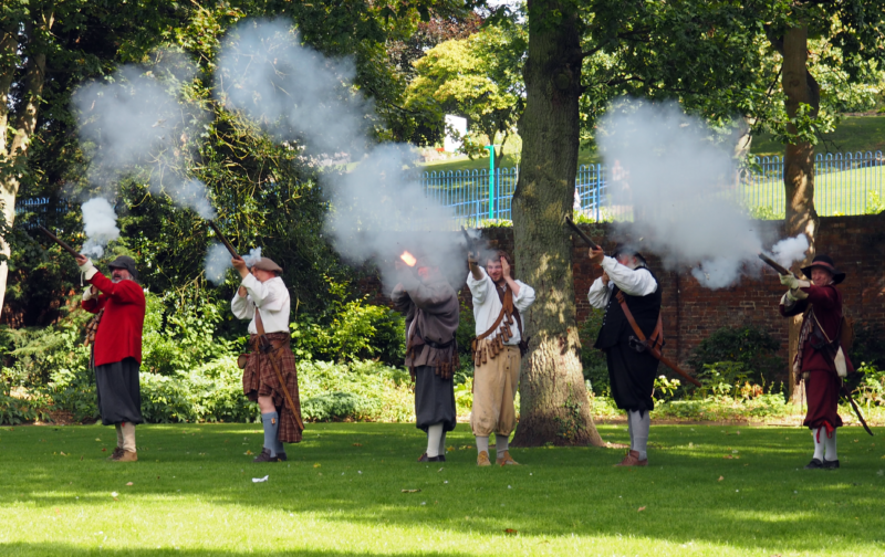 A musket firing display at Living History, The Commandery. 