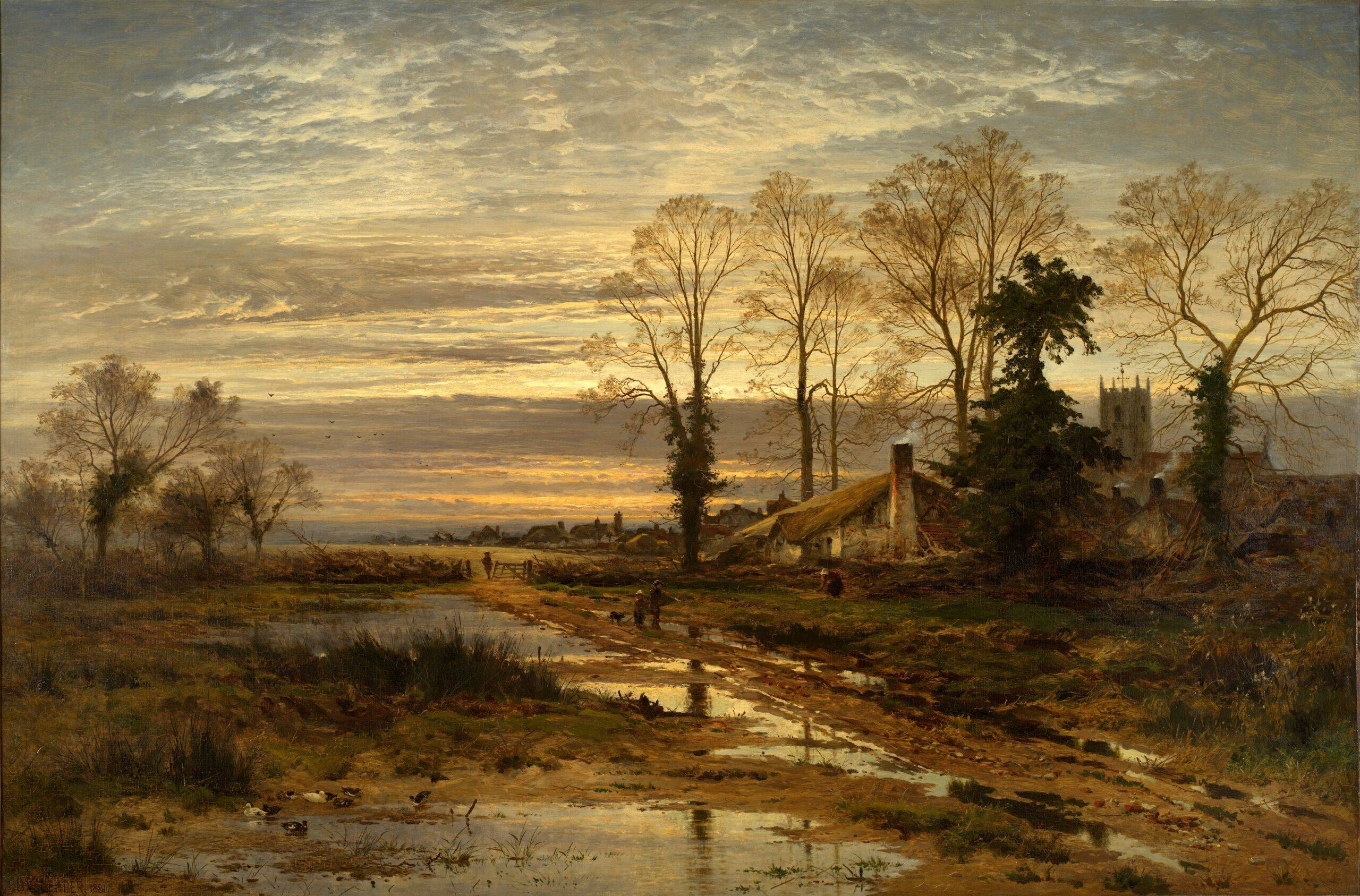 Landscape painting, 'February Fill Dyke', by Benjamin Williams Leader. In one of the winter exhibitions 2023.