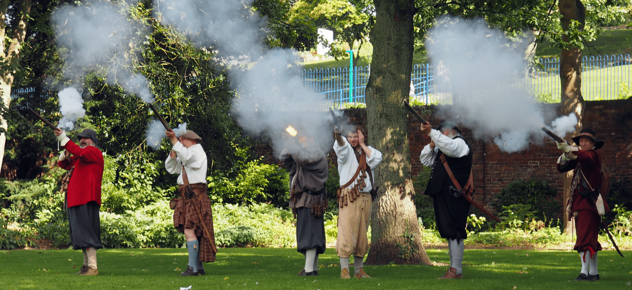 Musket firing for Oak Apple Day 2023 at the Commandery.