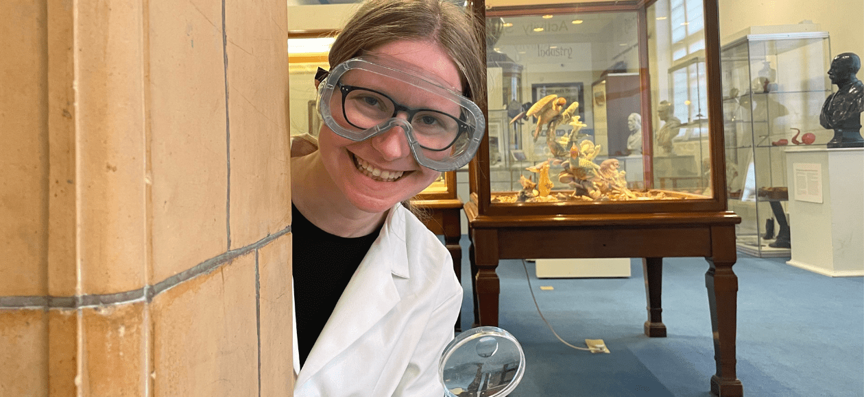 A photo of someone dressed as a scientist in the museum at Worcester City Art Gallery and Museum.